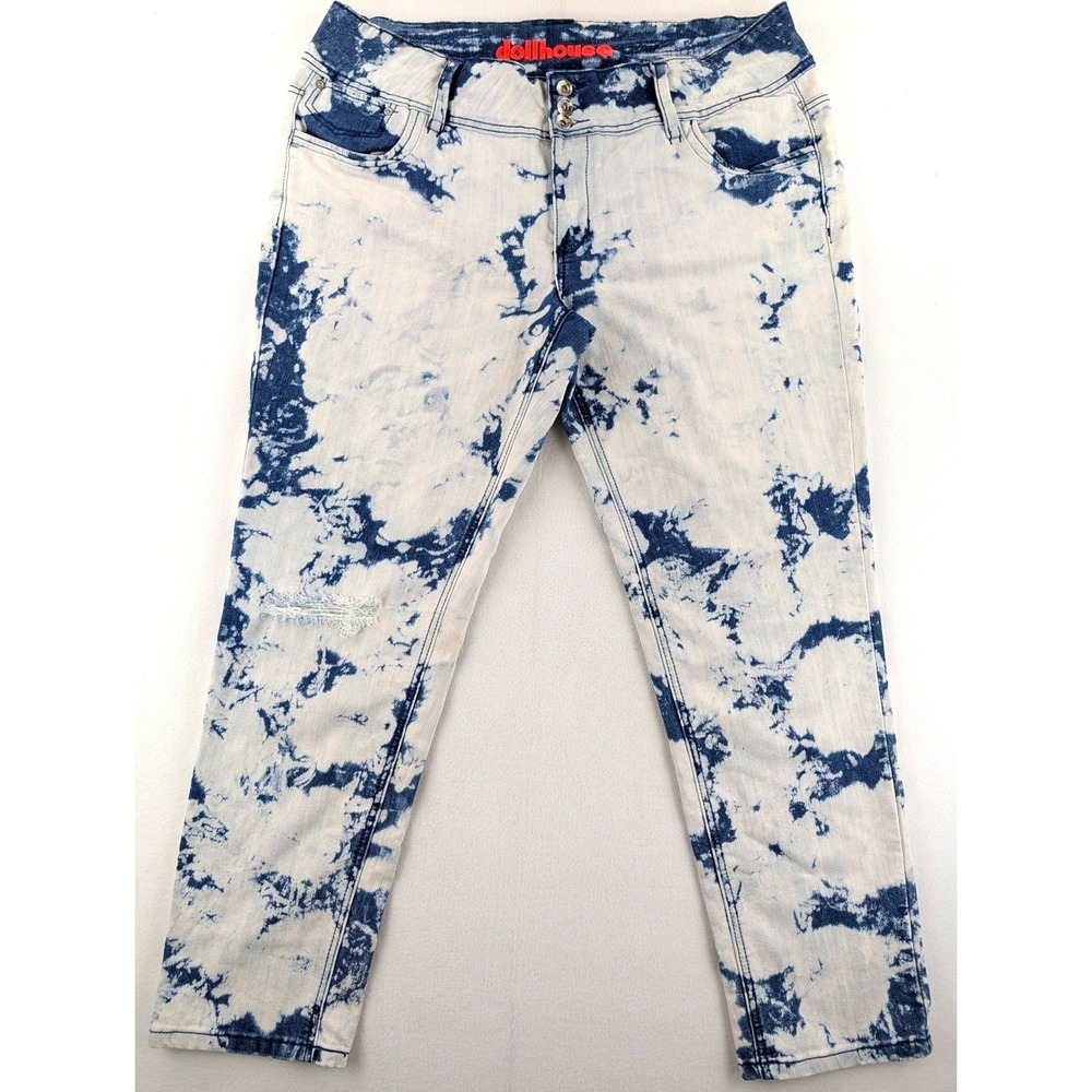 Dollhouse‎ Acid Wash Jeans Womens 20 Blue White Stretch Triple Button Distressed